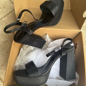 Elegant Black Gemstone Thick High Platform Heels